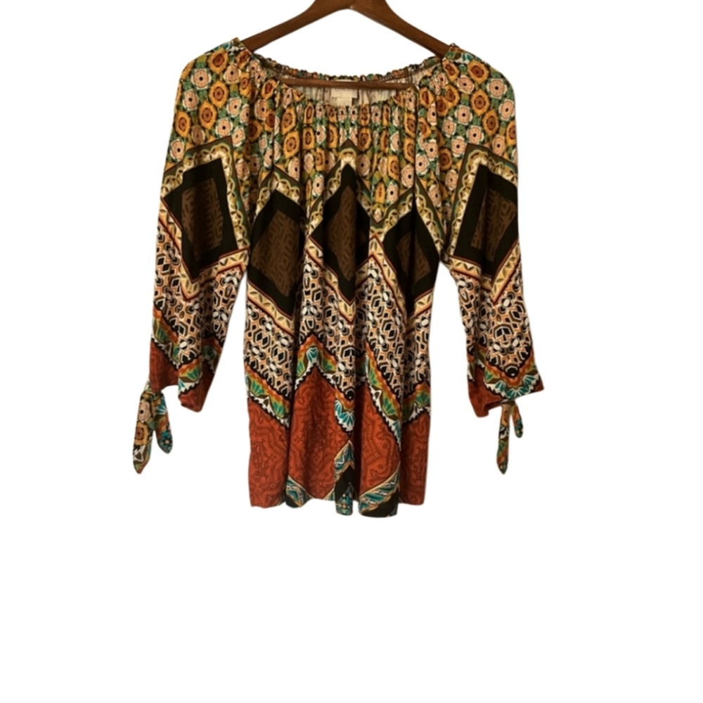 Chicos Tribal Print Brown Orange Tie Sleeve Off Shoulder Top Sz 1 8 M